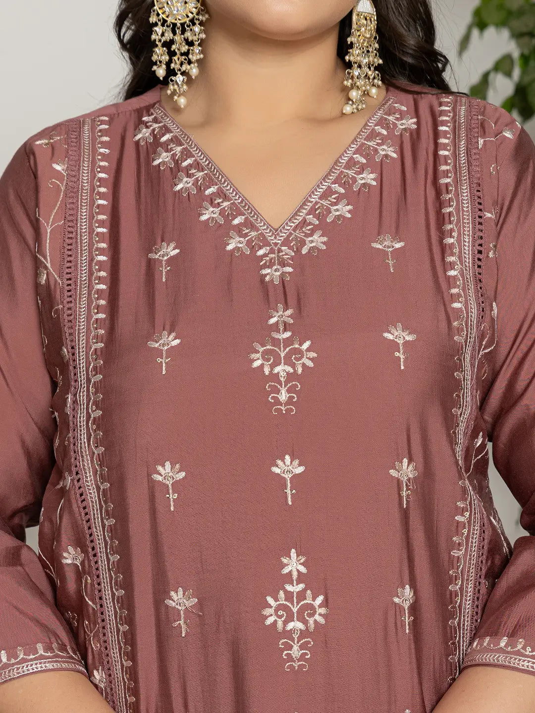 Rust Silk Plus Size Kurta Dupatta Pant Set