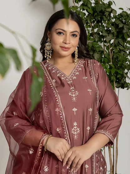 Rust Silk Plus Size Kurta Dupatta Pant Set