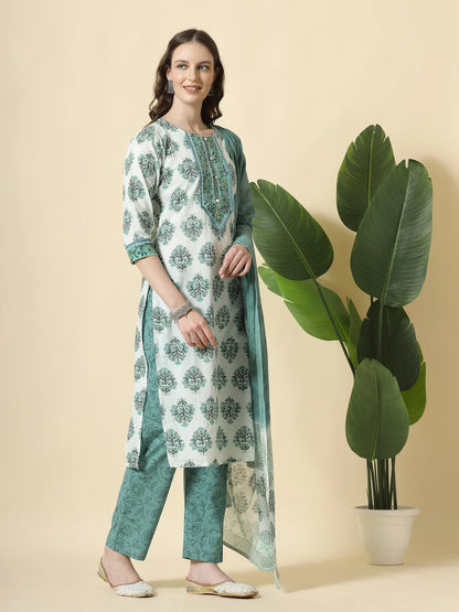 Sea Green And White Cotton Cut Dana Work Kurta Set With Pant & Dupatta