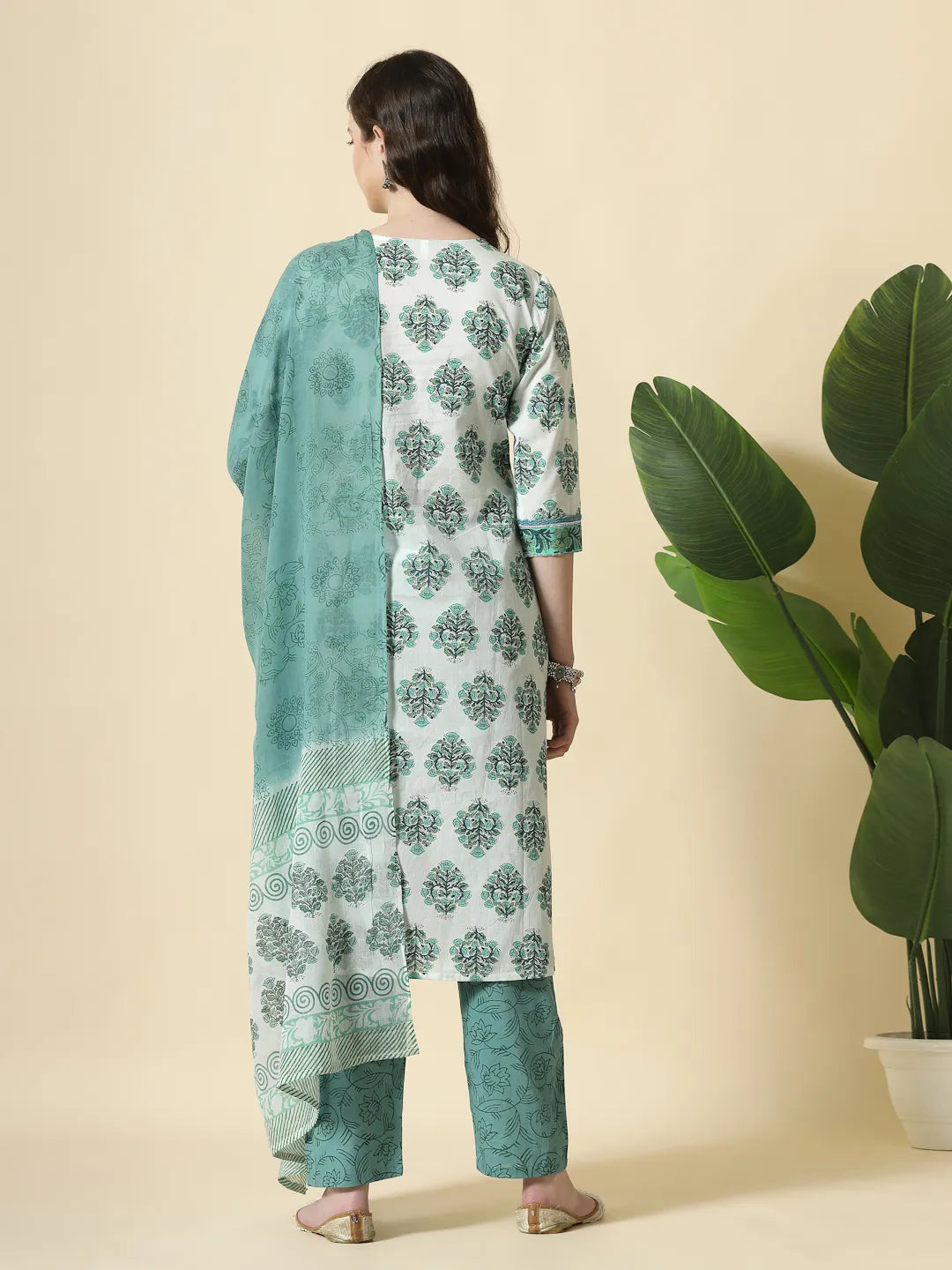 Sea Green And White Cotton Cut Dana Work Kurta Set With Pant & Dupatta