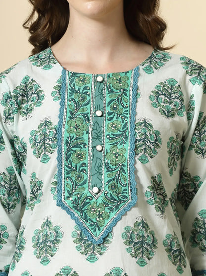Sea Green And White Cotton Cut Dana Work Kurta Set With Pant & Dupatta