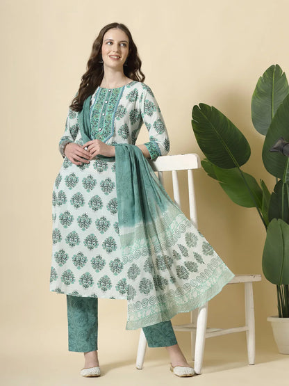 Sea Green And White Cotton Cut Dana Work Kurta Set With Pant & Dupatta