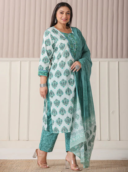 Sea Green And White Cotton Cut Dana Work Plus Size Kurta Set With Pant & Dupatta