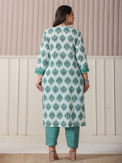 Sea Green And White Cotton Cut Dana Work Plus Size Kurta Set With Pant & Dupatta