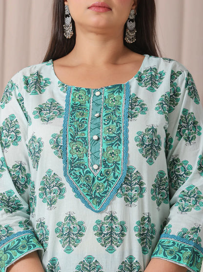 Sea Green And White Cotton Cut Dana Work Plus Size Kurta Set With Pant & Dupatta