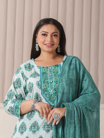 Sea Green And White Cotton Cut Dana Work Plus Size Kurta Set With Pant & Dupatta