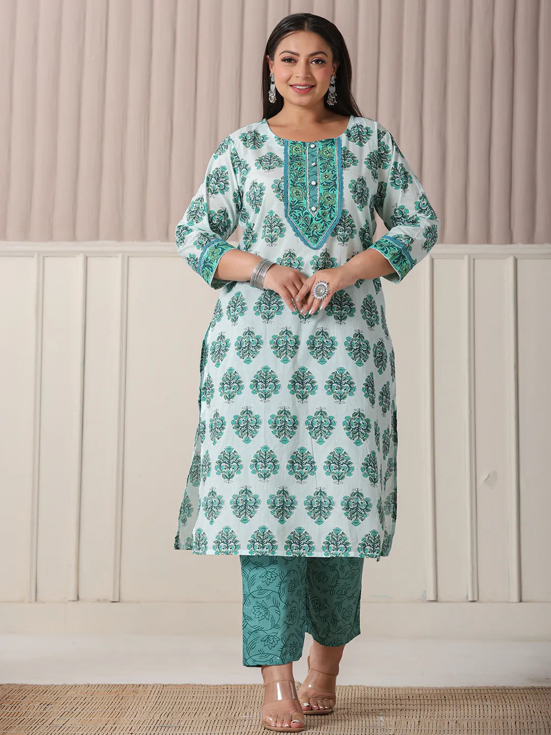 Sea Green And White Cotton Cut Dana Work Plus Size Kurta Set With Pant & Dupatta