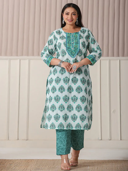 Sea Green And White Cotton Cut Dana Work Plus Size Kurta Set With Pant & Dupatta