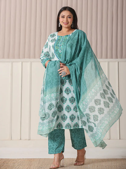 Sea Green And White Cotton Cut Dana Work Plus Size Kurta Set With Pant & Dupatta