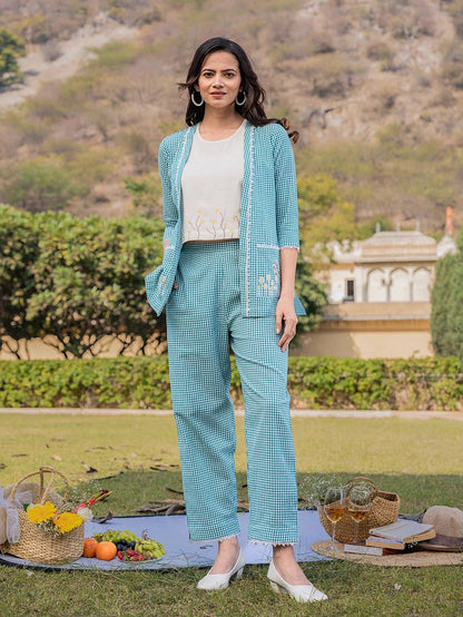 Sea Green Cotton Checks Printed Co Ord Set With Embroidery