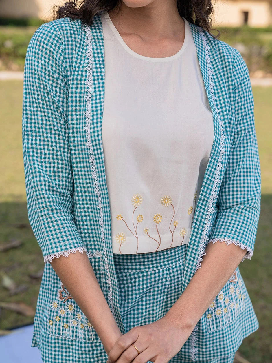 Sea Green Cotton Checks Printed Co Ord Set With Embroidery