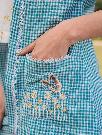 Sea Green Cotton Checks Printed Co Ord Set With Embroidery