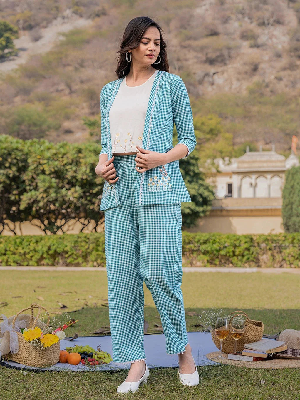 Sea Green Cotton Checks Printed Co Ord Set With Embroidery