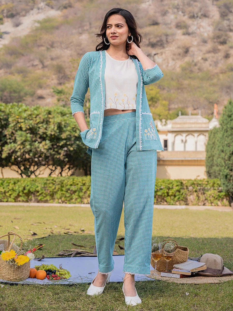 Women's Green Cotton Sea Green Cotton Checks Printed Co Ord Set With Embroidery by Yufta, suitable for wholesale buyers, boutiques, retailers, resellers and bulk fashion orders from Trendphoria