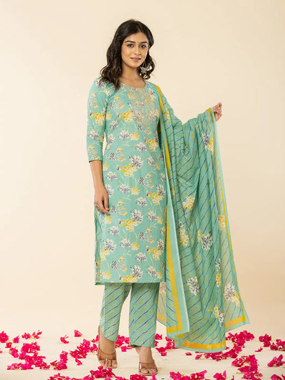 Sea Green Cotton Dori Embroidery Straight Kurta Dupatta Pant Set