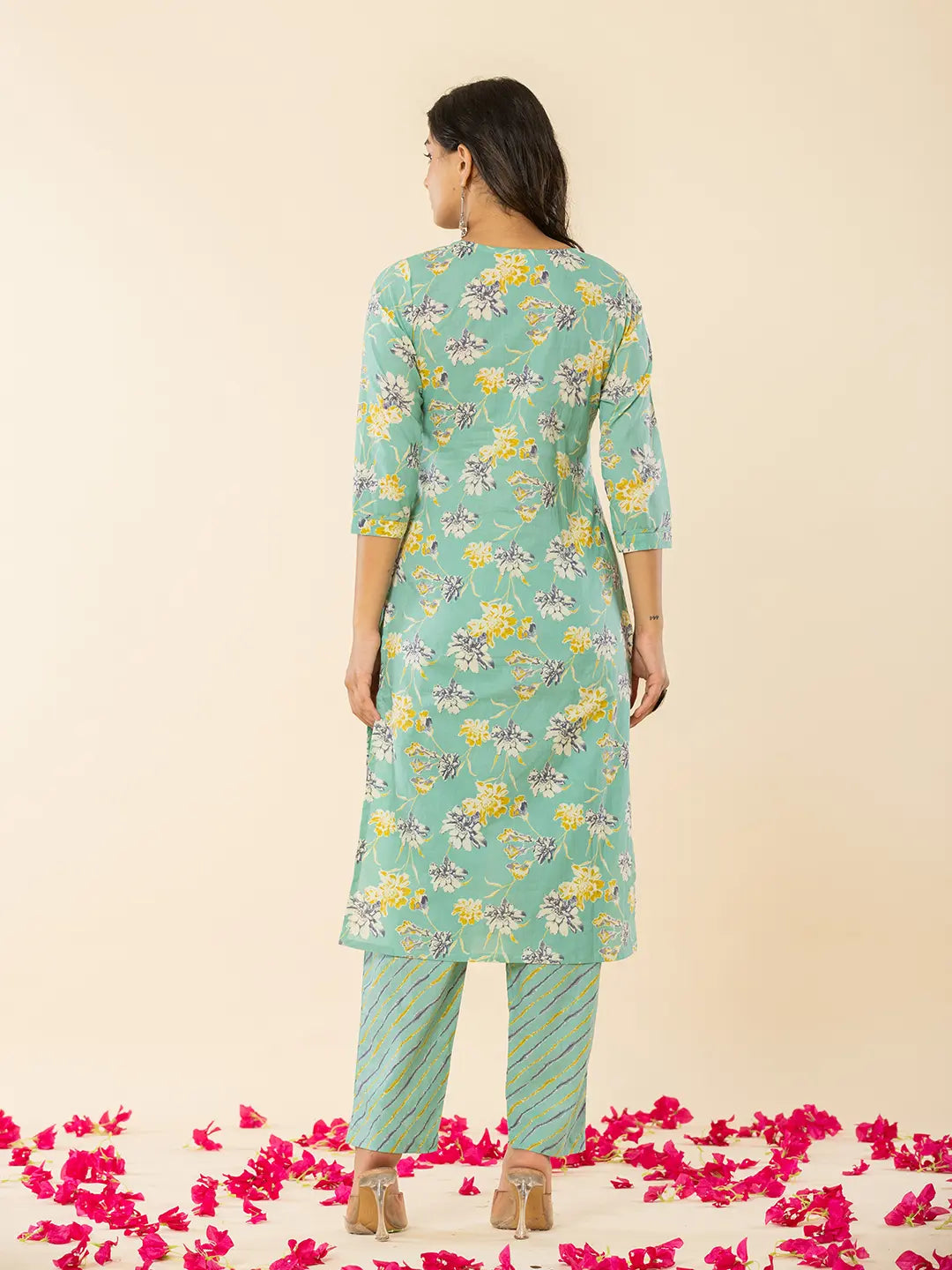 Sea Green Cotton Dori Embroidery Straight Kurta Dupatta Pant Set