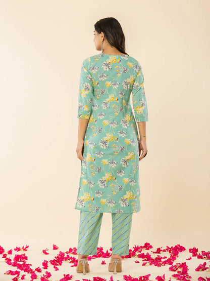 Sea Green Cotton Dori Embroidery Straight Kurta Dupatta Pant Set