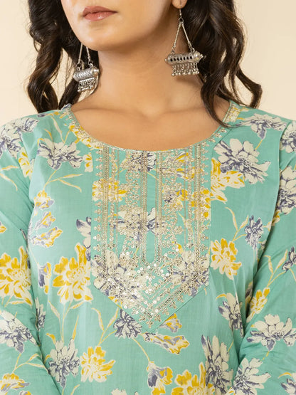 Sea Green Cotton Dori Embroidery Straight Kurta Dupatta Pant Set
