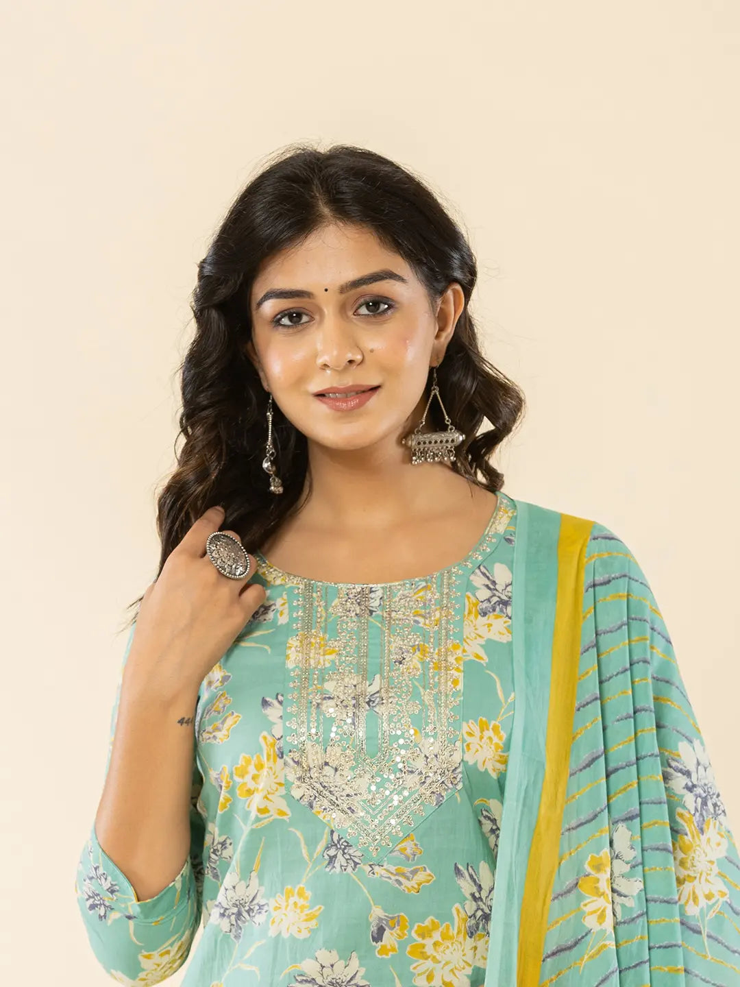 Sea Green Cotton Dori Embroidery Straight Kurta Dupatta Pant Set