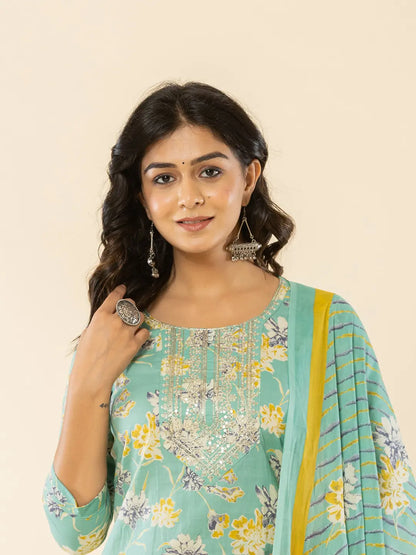 Sea Green Cotton Dori Embroidery Straight Kurta Dupatta Pant Set