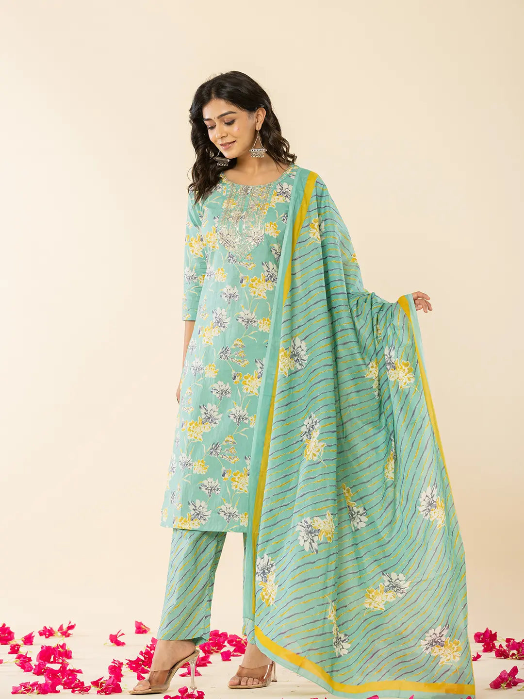 Sea Green Cotton Dori Embroidery Straight Kurta Dupatta Pant Set