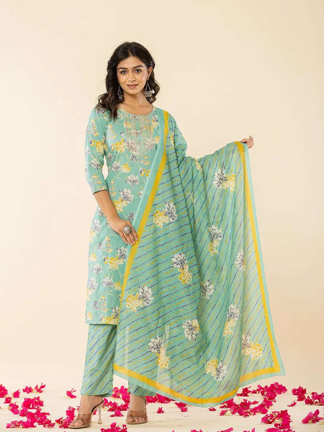 Women's Green Cotton Sea Green Cotton Dori Embroidery Straight Kurta Dupatta Pant Set by Yufta, suitable for wholesale buyers, boutiques, retailers, resellers and bulk fashion orders from Trendphoria