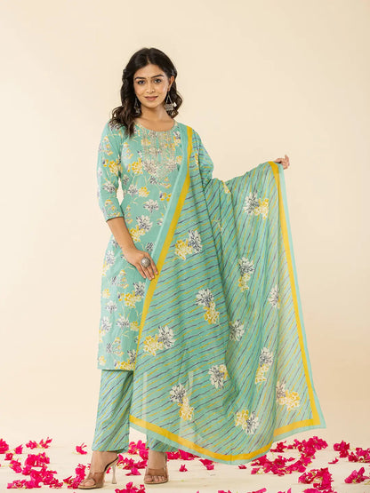 Women's Green Cotton Sea Green Cotton Dori Embroidery Straight Kurta Dupatta Pant Set by Yufta, suitable for wholesale buyers, boutiques, retailers, resellers and bulk fashion orders from Trendphoria