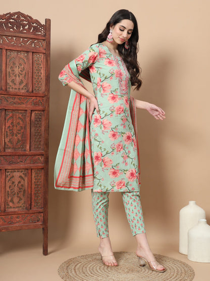 Sea Green Ethnic Motifs Cotton Kurta Dupatta Set