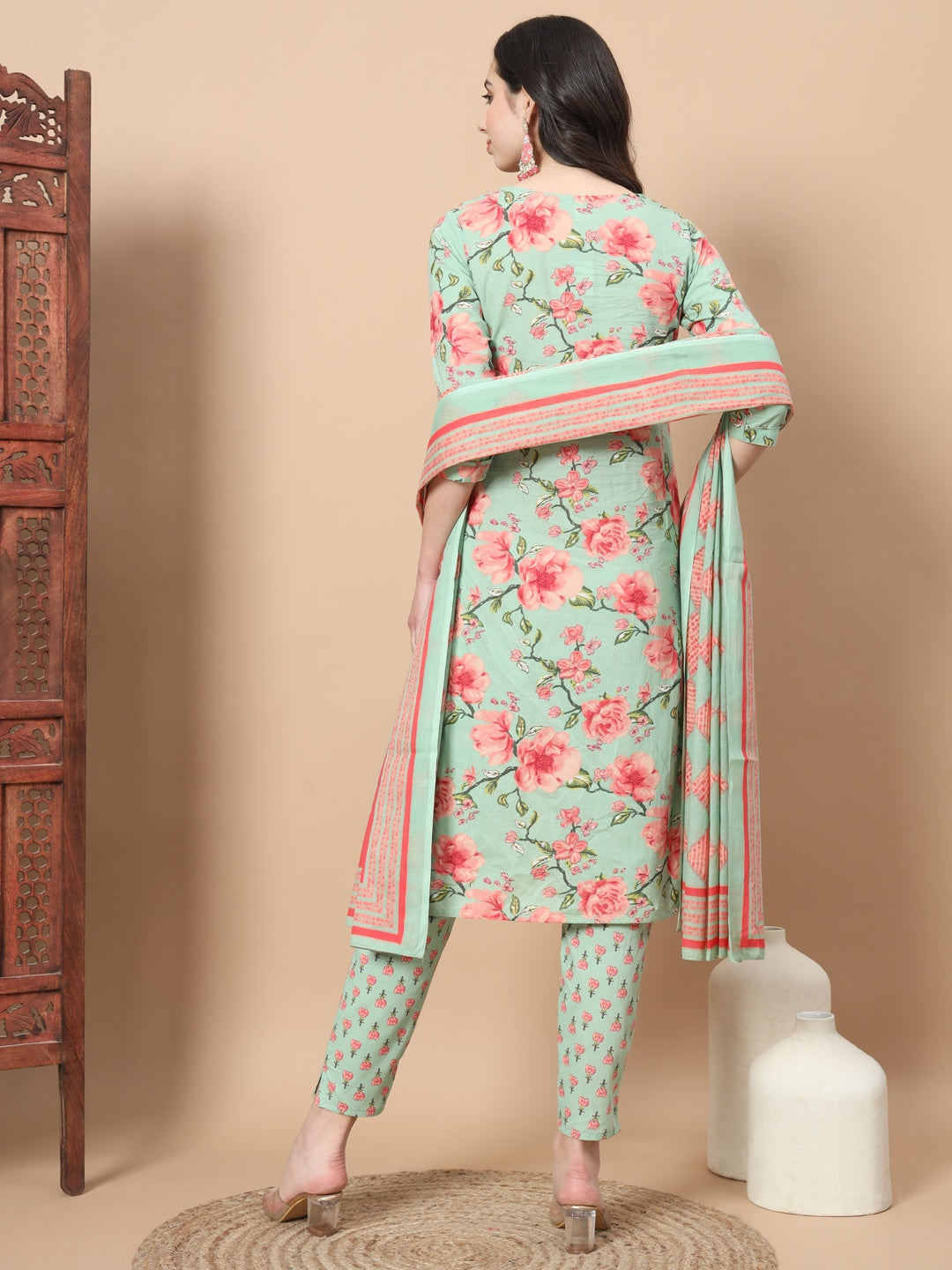 Sea Green Ethnic Motifs Cotton Kurta Dupatta Set