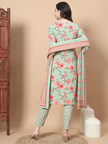 Sea Green Ethnic Motifs Cotton Kurta Dupatta Set