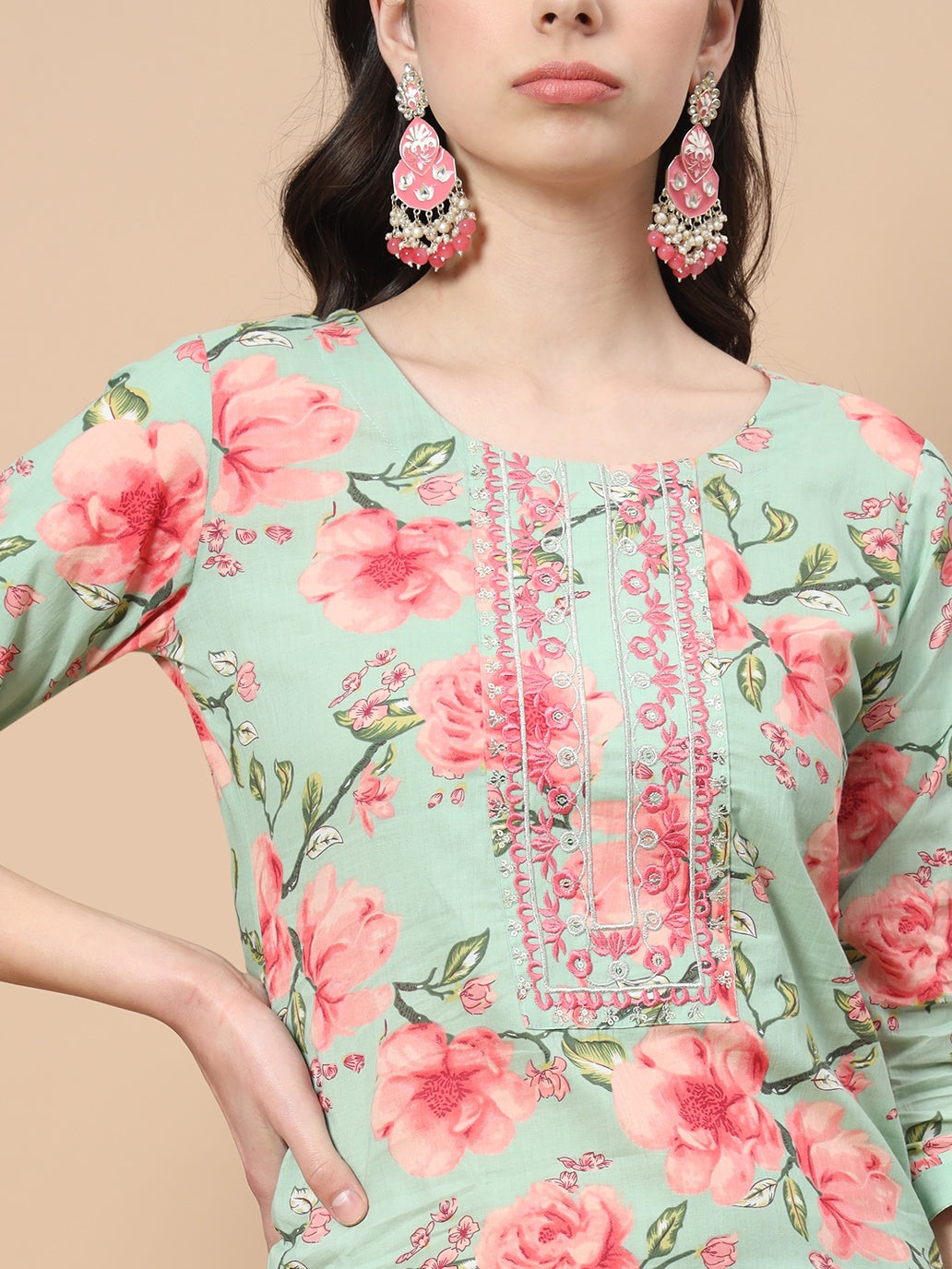 Sea Green Ethnic Motifs Cotton Kurta Dupatta Set