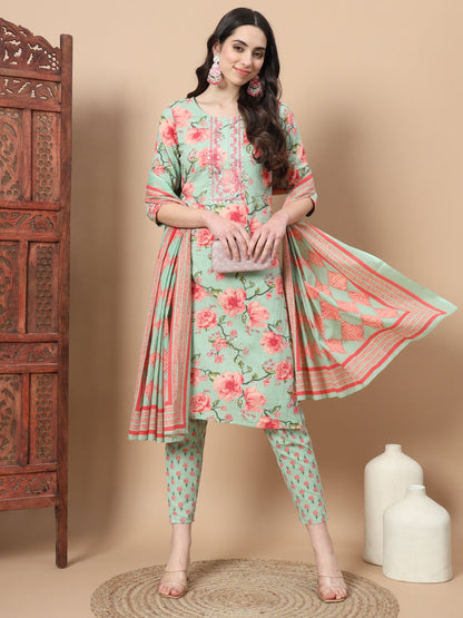 Sea Green Ethnic Motifs Cotton Kurta Dupatta Set