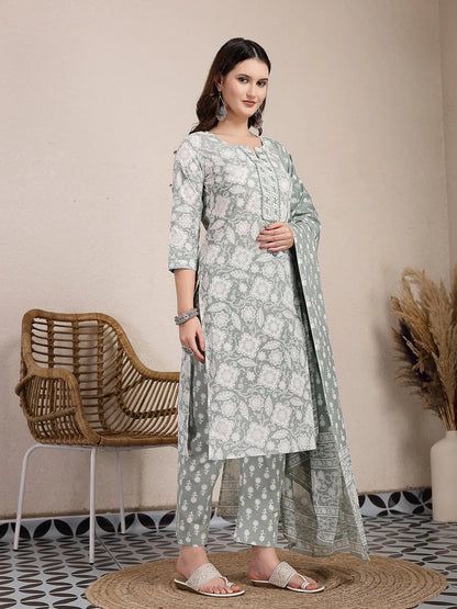 Sea Green Ethnic Motifs Print Straight Kurta Trouser Dupatta Set