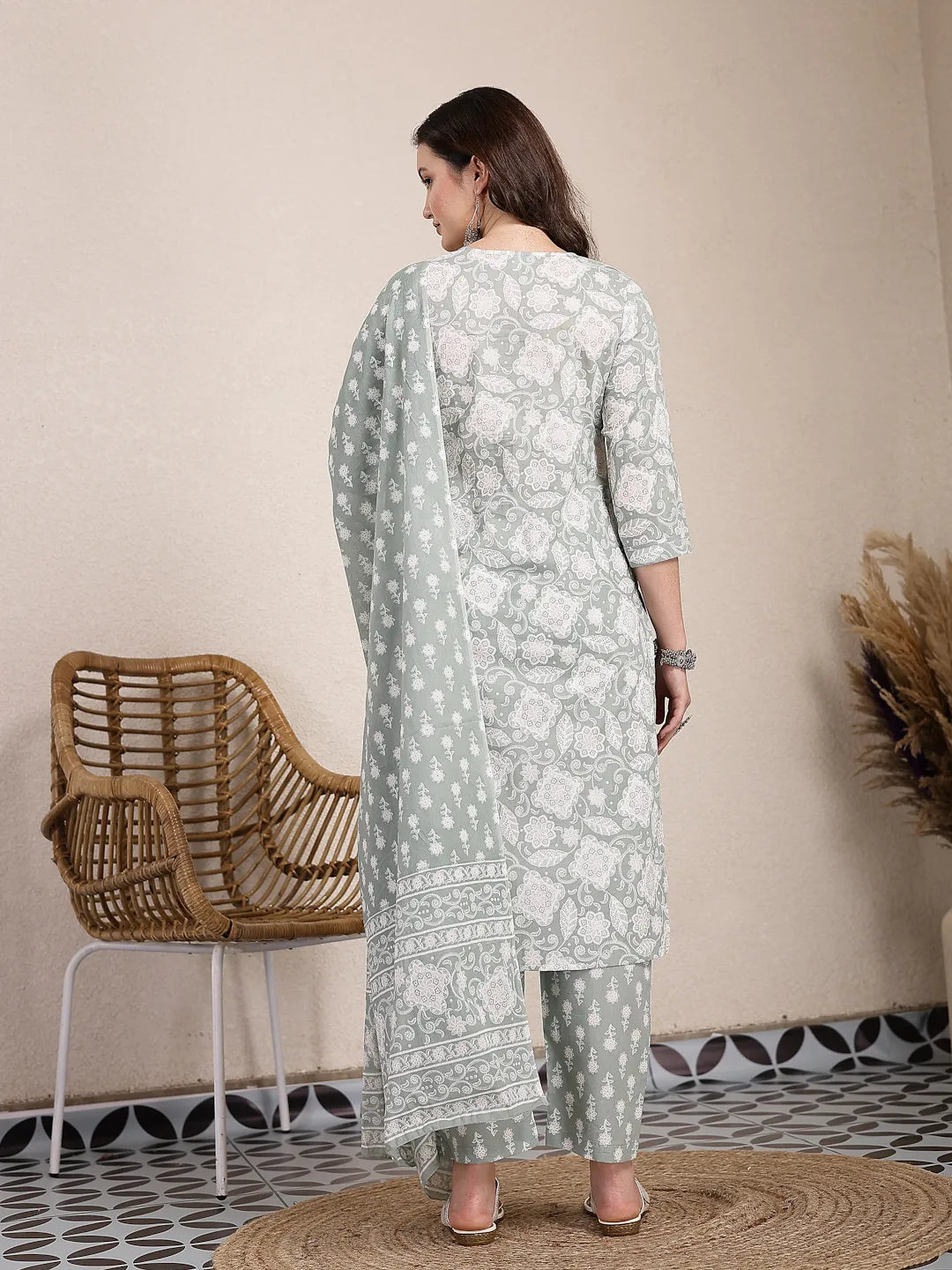 Sea Green Ethnic Motifs Print Straight Kurta Trouser Dupatta Set