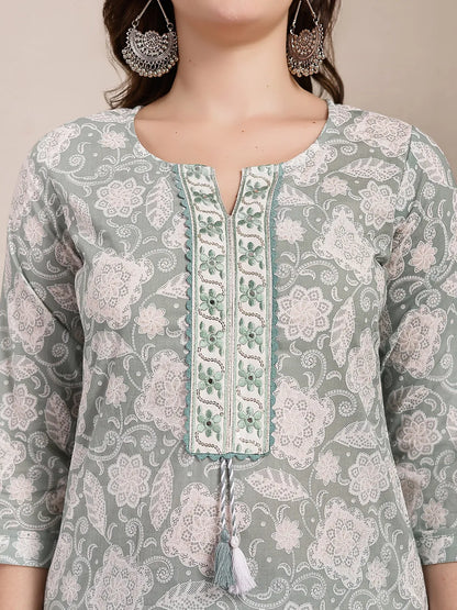 Sea Green Ethnic Motifs Print Straight Kurta Trouser Dupatta Set