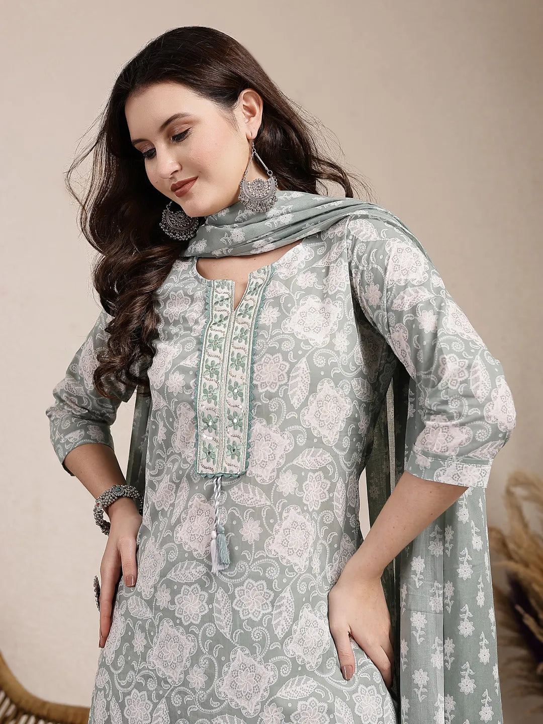 Sea Green Ethnic Motifs Print Straight Kurta Trouser Dupatta Set