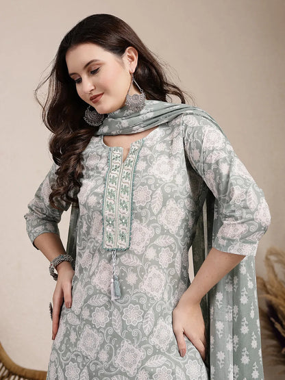 Sea Green Ethnic Motifs Print Straight Kurta Trouser Dupatta Set