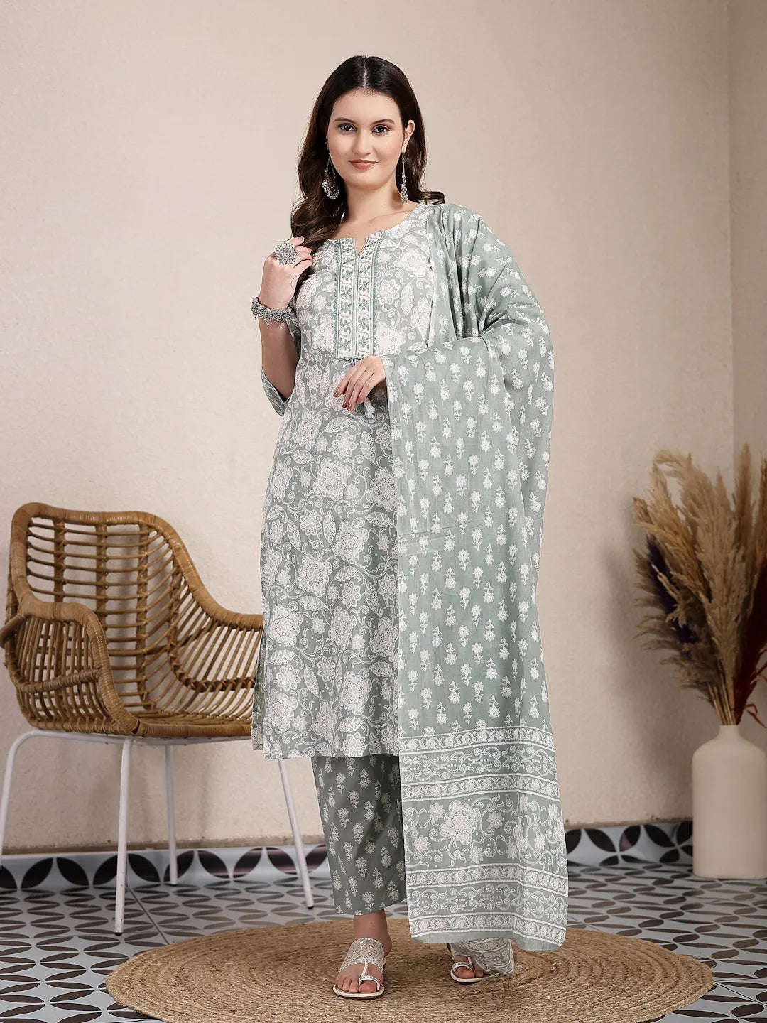 Women's Green Cotton Sea Green Ethnic Motifs Print Straight Kurta Trouser Dupatta Set by Yufta, suitable for wholesale buyers, boutiques, retailers, resellers and bulk fashion orders from Trendphoria