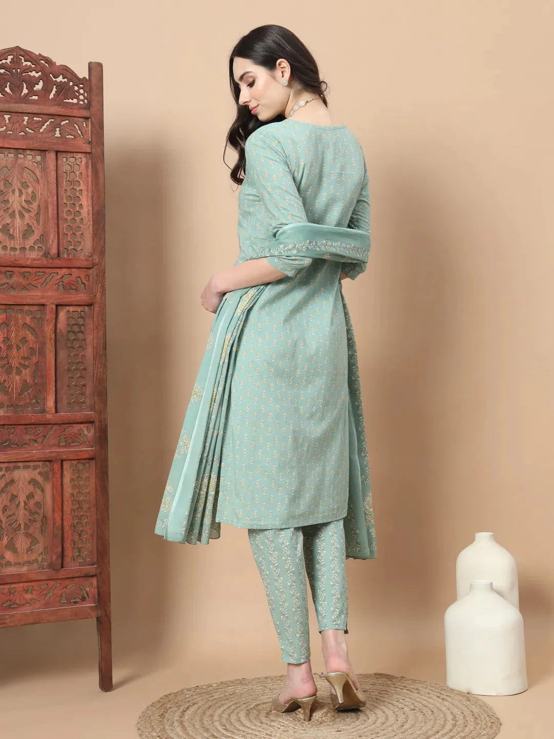 Sea Green Ethnic Motifs Thread Work Straight Kurta Trouser And Dupatta Set