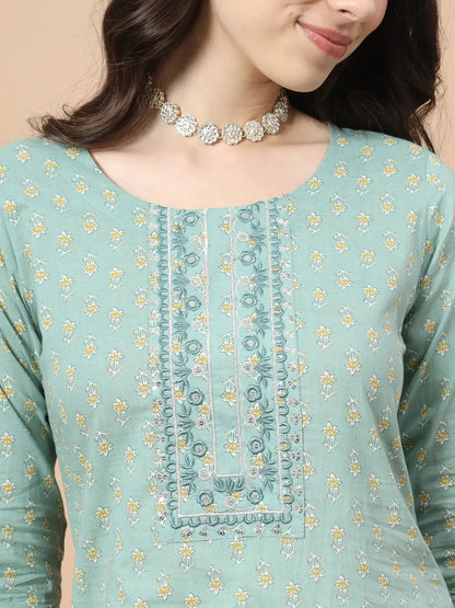 Sea Green Ethnic Motifs Thread Work Straight Kurta Trouser And Dupatta Set