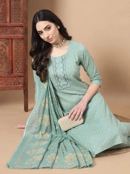 Sea Green Ethnic Motifs Thread Work Straight Kurta Trouser And Dupatta Set