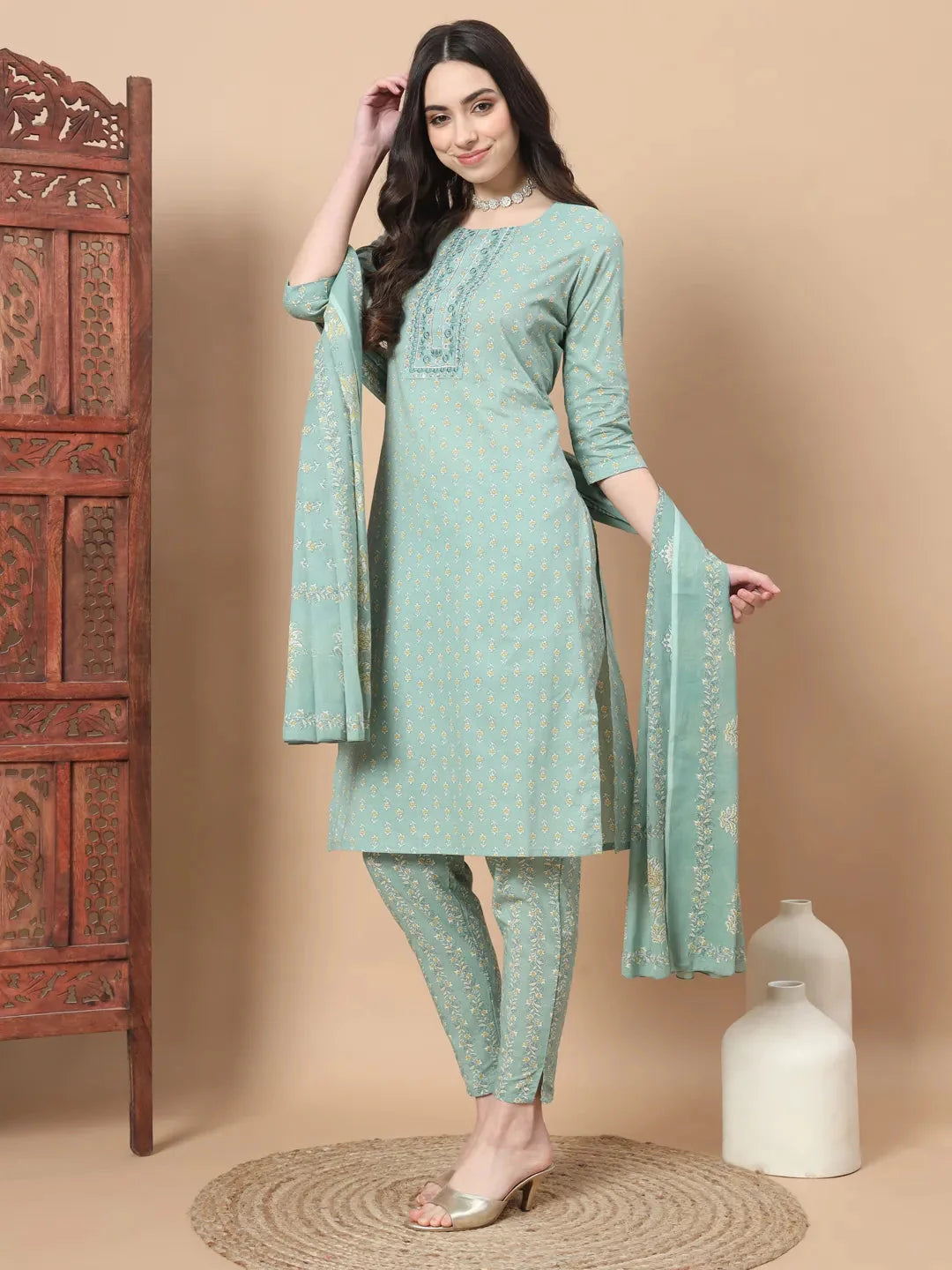 Women's Green Cotton Sea Green Ethnic Motifs Thread Work Straight Kurta Trouser And Dupatta Set by Yufta, suitable for wholesale buyers, boutiques, retailers, resellers and bulk fashion orders from Trendphoria