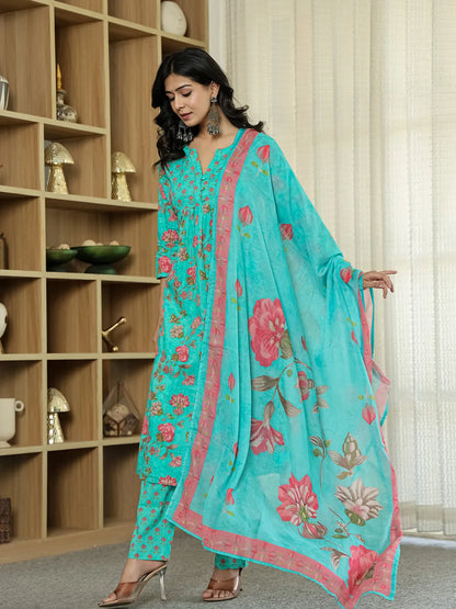 Sea Green Floral Print Aline Kurta Trouser Dupatta Set