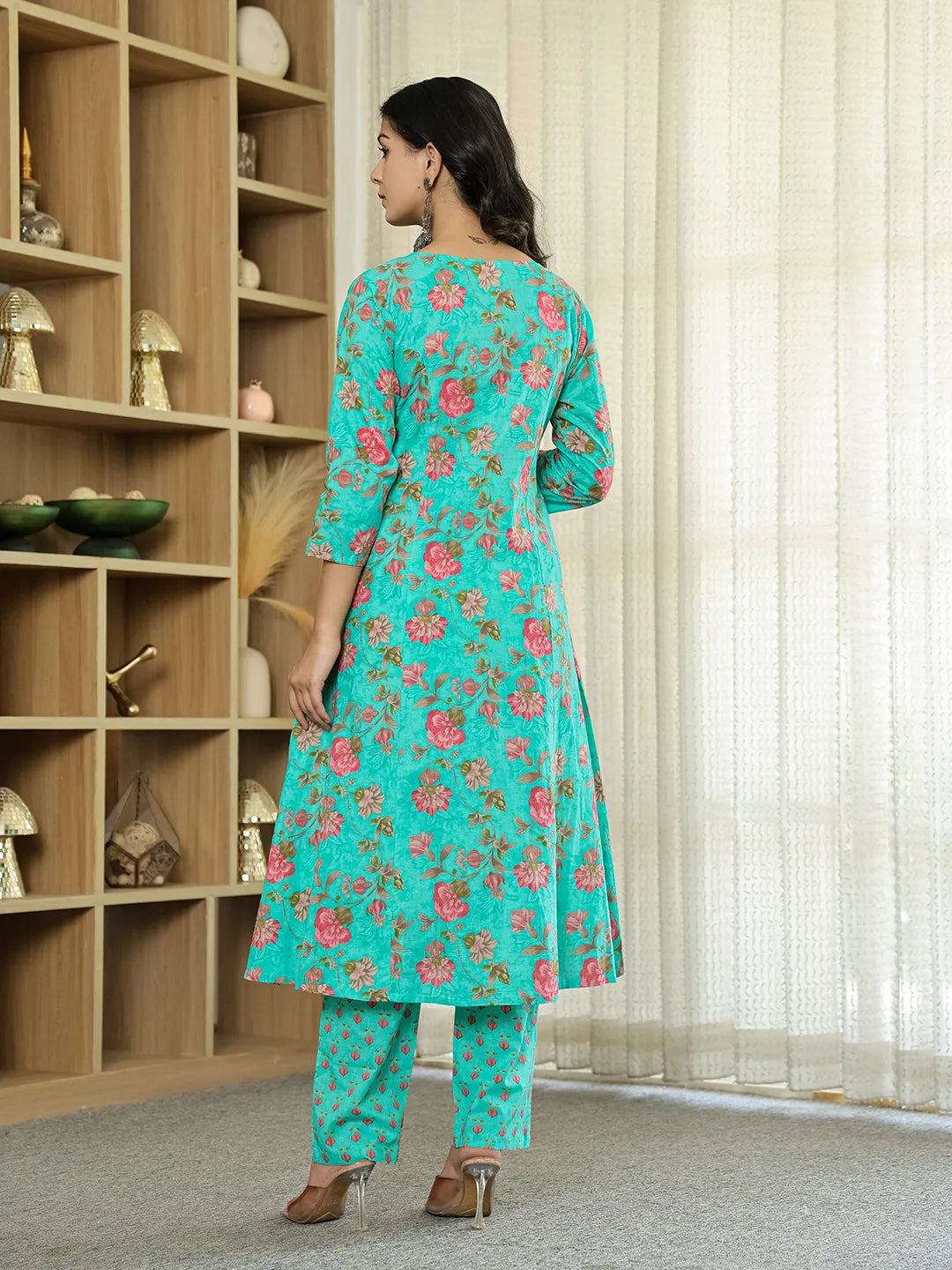 Sea Green Floral Print Aline Kurta Trouser Dupatta Set