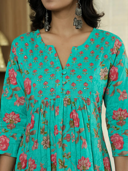 Sea Green Floral Print Aline Kurta Trouser Dupatta Set