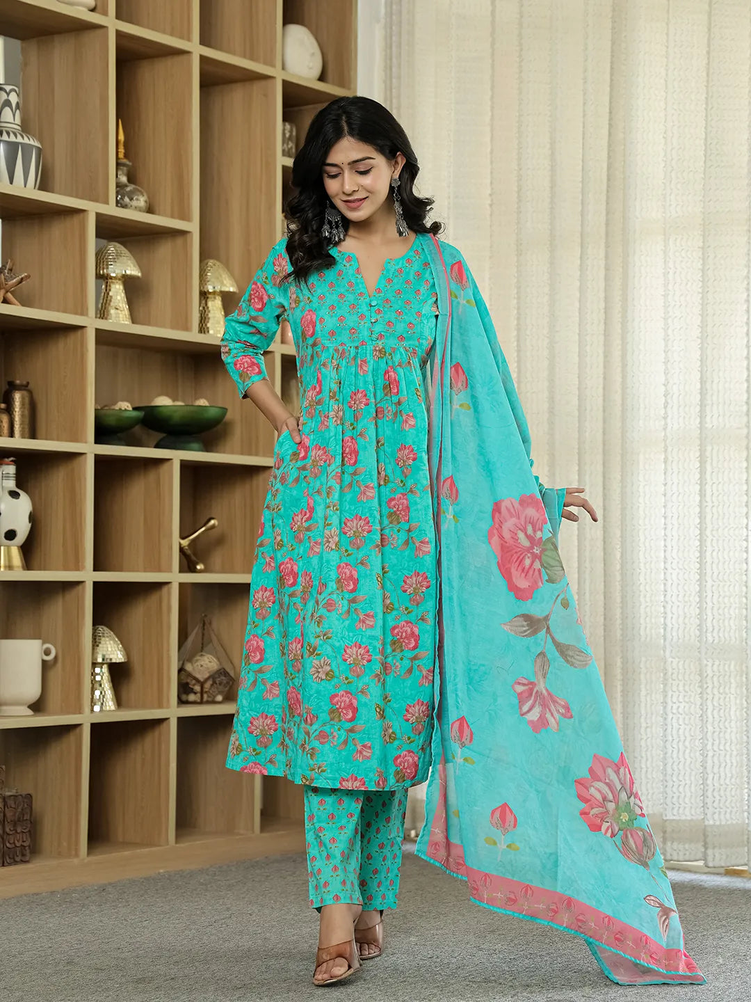 Sea Green Floral Print Aline Kurta Trouser Dupatta Set