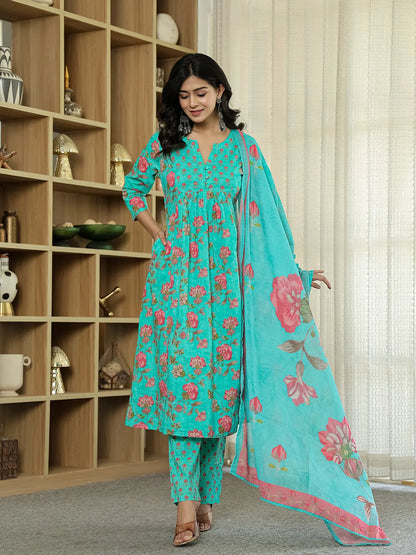 Sea Green Floral Print Aline Kurta Trouser Dupatta Set
