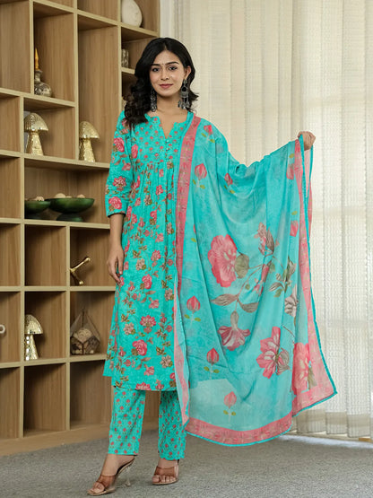 Sea Green Floral Print Aline Kurta Trouser Dupatta Set
