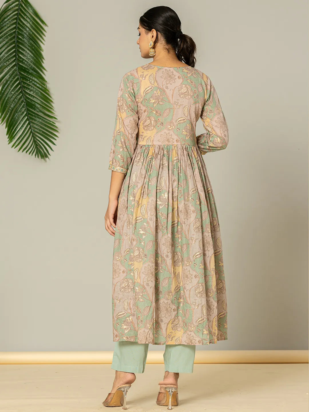 Sea Green Floral Print Mulmul Fit And Flare Suit Set