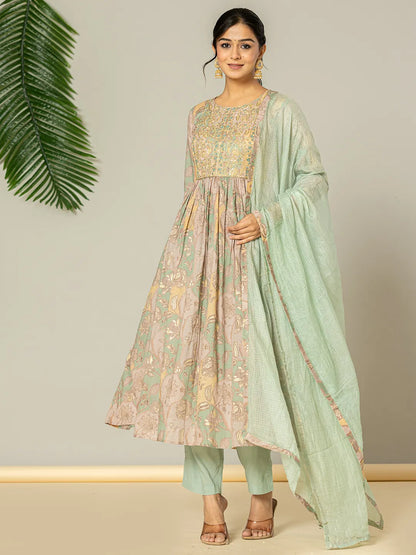 Sea Green Floral Print Mulmul Fit And Flare Suit Set